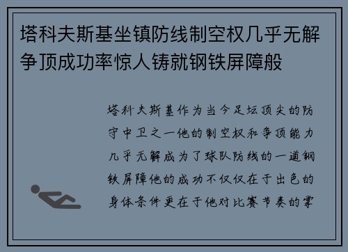 塔科夫斯基坐镇防线制空权几乎无解争顶成功率惊人铸就钢铁屏障般